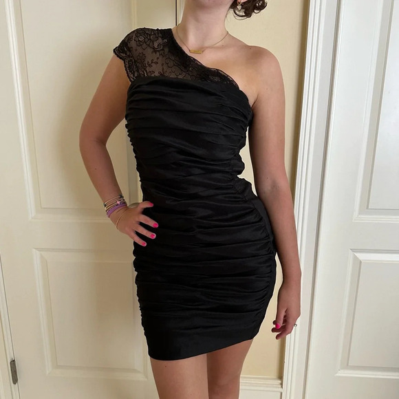 Vintage Jessica McClintock sz 8 One Shoulder Lace Cocktail Dress Ruched Stretch - Picture 1 of 16